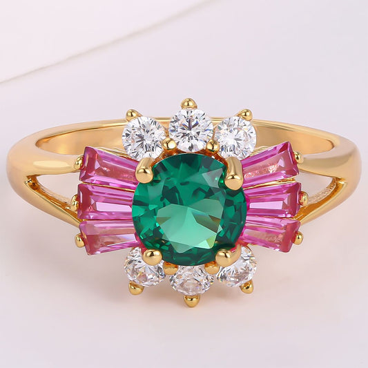 Anillo de Aleación Bañado en Oro con Cristal Emporia® Verde y Cristal Emporia® Rosa