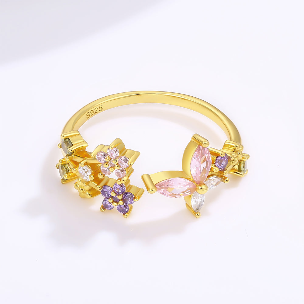 Anillo de Aleación Bañado en Oro con Cristal Emporia® Rosa y Cristal Emporia® Púrpura 1 