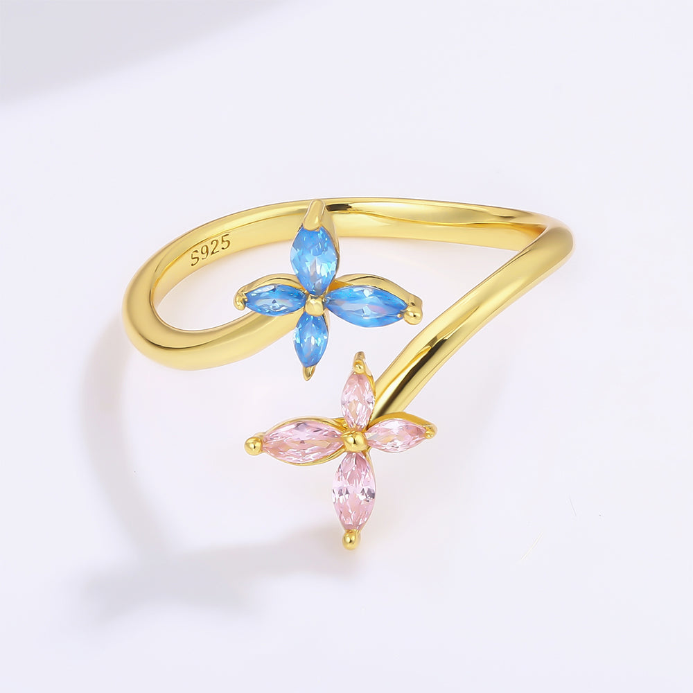 Anillo de Aleación Bañado en Oro con Cristal Emporia® Rosa y Cristal Emporia® Azul 1 