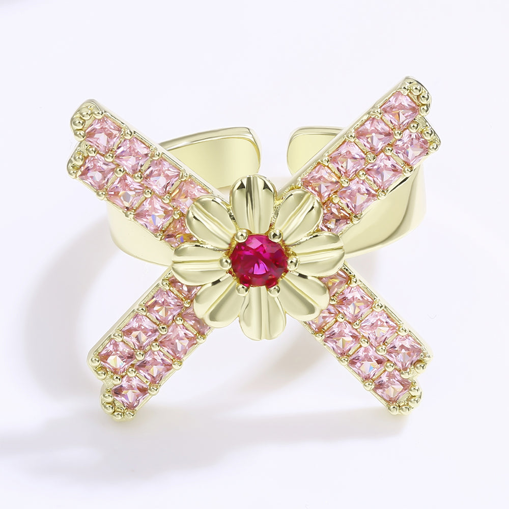 Anillo de Aleación Bañado en Oro con Cristal Emporia® Rojo y Cristal Emporia® Rosa 1 