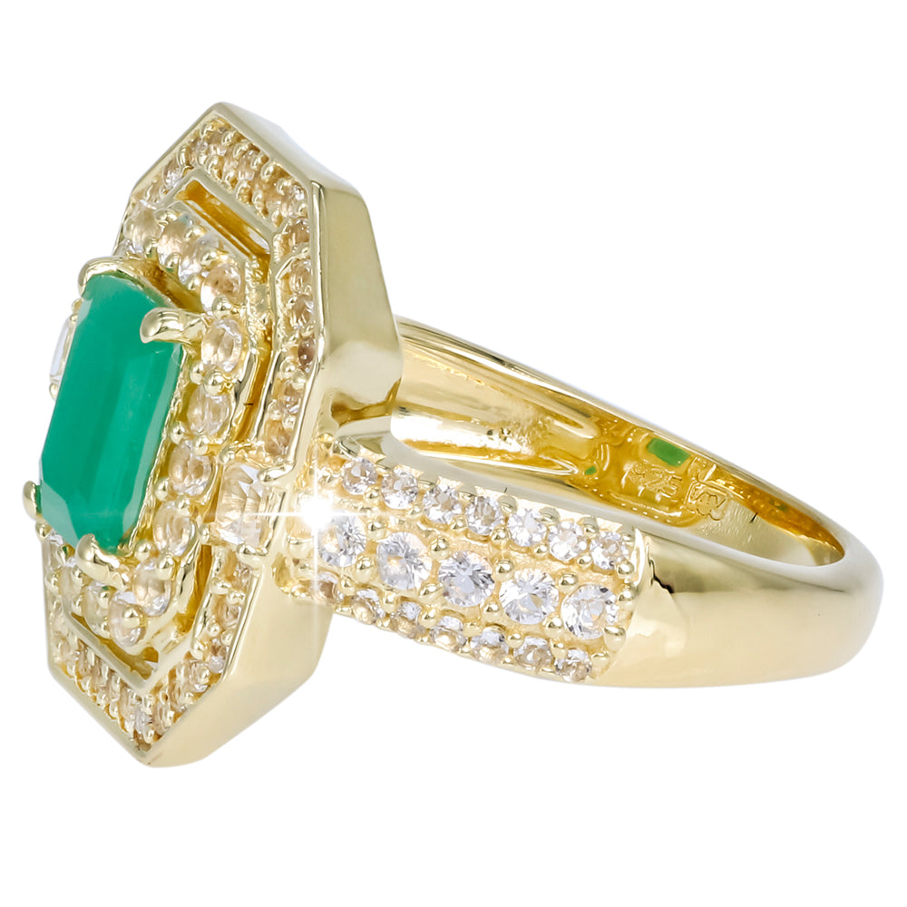 Anillo de Plata Bañada en Oro con Esmeralda de Sakota y Topacio Blanco 3 