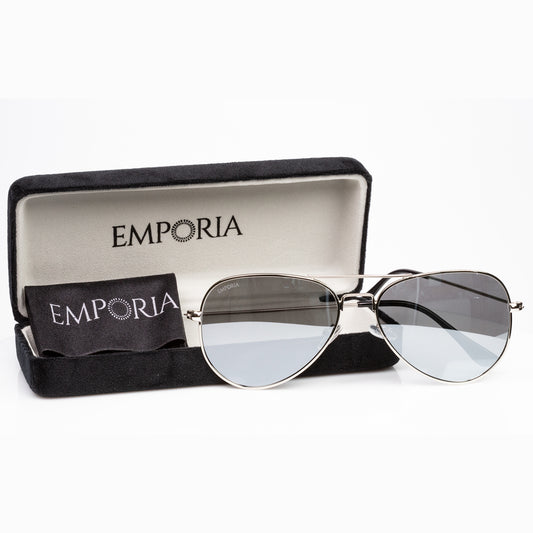 Emporia Italy - Gafas de sol piloto "CRYSTAL", gafas de sol polarizadas con filtro UV con estuche y paño de limpieza, lentes cromo-plata, montura plateada