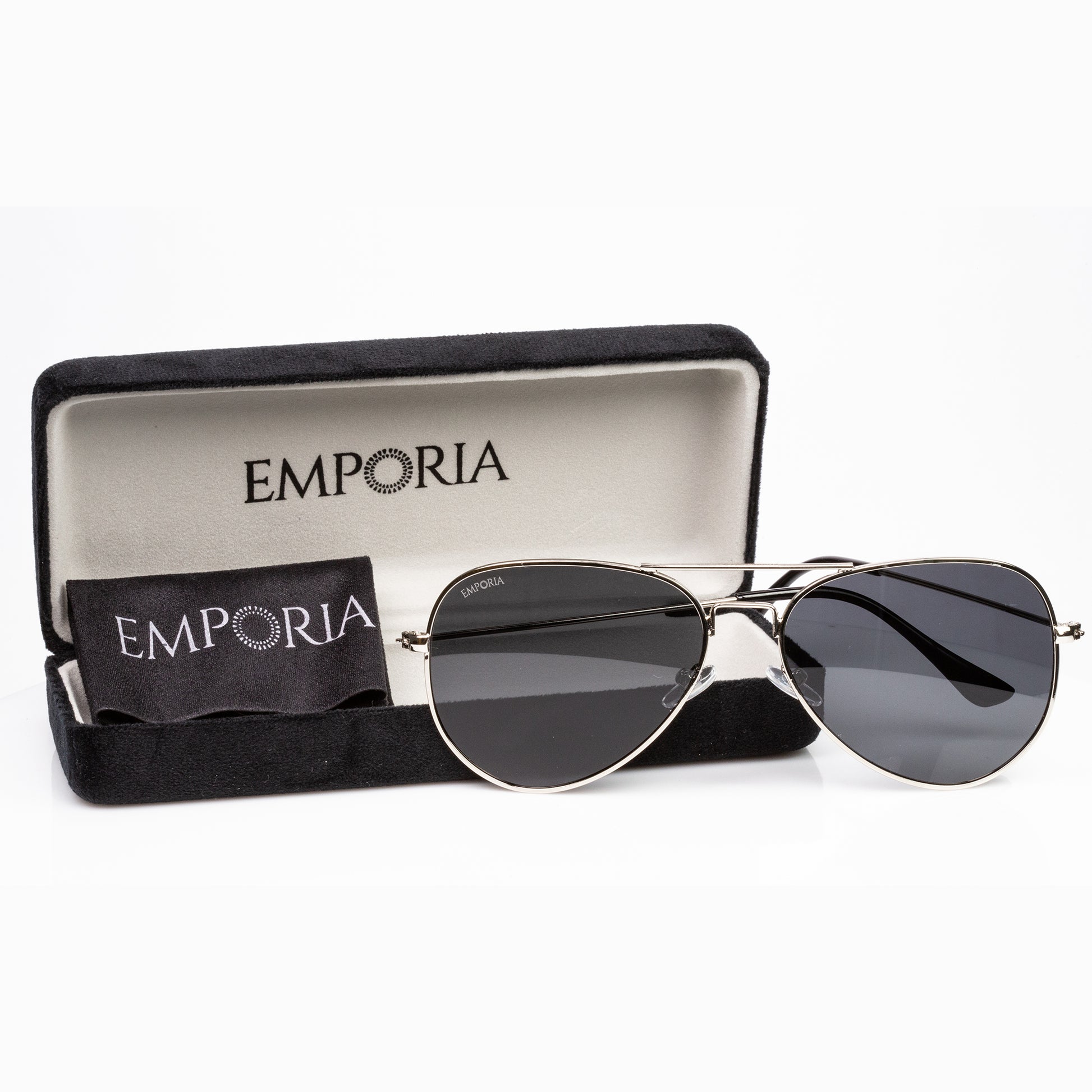 Emporia Italy - Gafas de sol piloto "JEFE", gafas de sol polarizadas con filtro UV con  estuche y paño de limpieza, lentes gris oscuro, montura plateada 1 