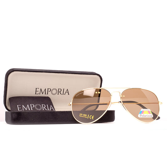 Emporia Italy - Gafas de sol piloto "DESIERTO", gafas de sol polarizadas con filtro UV con estuche y paño de limpieza, lentes marrón claro, montura dorada