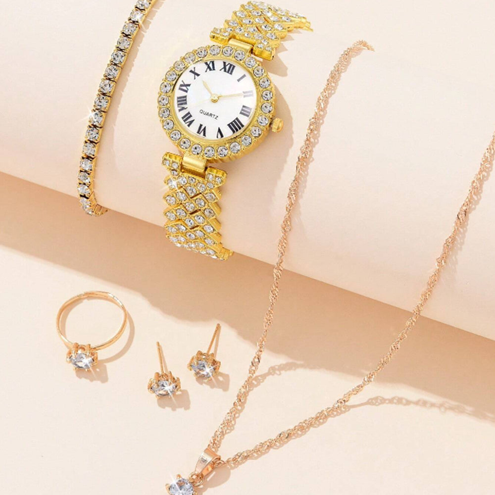 Conjunto de Aleación Bañado en Oro con Cristal Emporia® Blanco ( Collar +Pendientes +Pulsera +Anillo +Colgante ) 1 