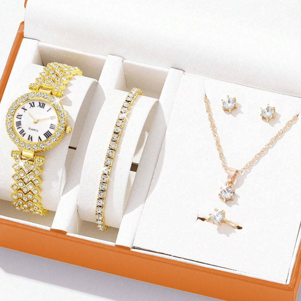 Conjunto de Aleación Bañado en Oro con Cristal Emporia® Blanco ( Collar +Pendientes +Pulsera +Anillo +Colgante ) 2 