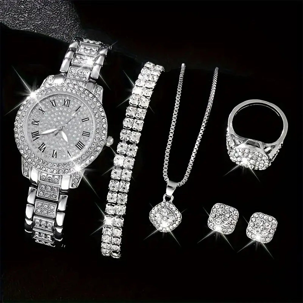 Conjunto de Aleación Bañado en Oro con Cristal Emporia® Blanco ( Collar +Pendientes +Pulsera +Anillo +Colgante ) 2 