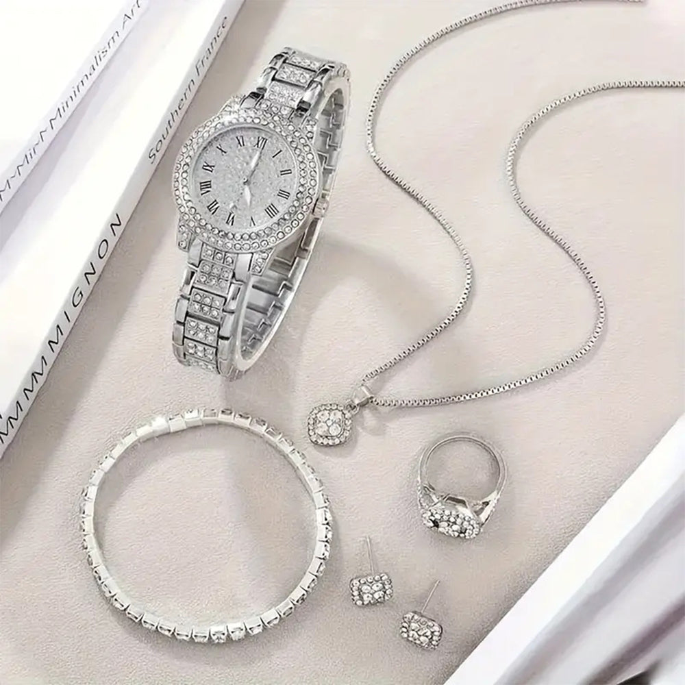 Conjunto de Aleación Bañado en Oro con Cristal Emporia® Blanco ( Collar +Pendientes +Pulsera +Anillo +Colgante ) 1 
