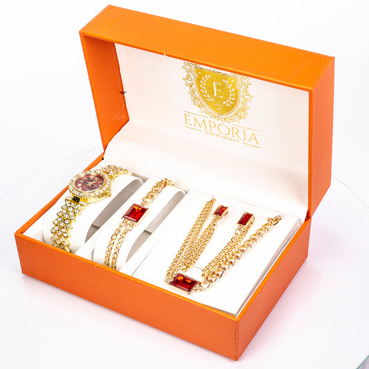 Reloj de Aleación Bañado en Oro con Cristal Emporia® Rojo y Cristal Emporia® Blanco ( Collar +Pendientes +Pulsera )