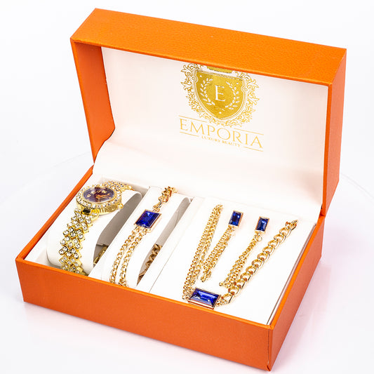 Reloj de Aleación Bañado en Oro con Cristal Emporia® Azul y Cristal Emporia® Blanco ( Collar +Pendientes +Pulsera )