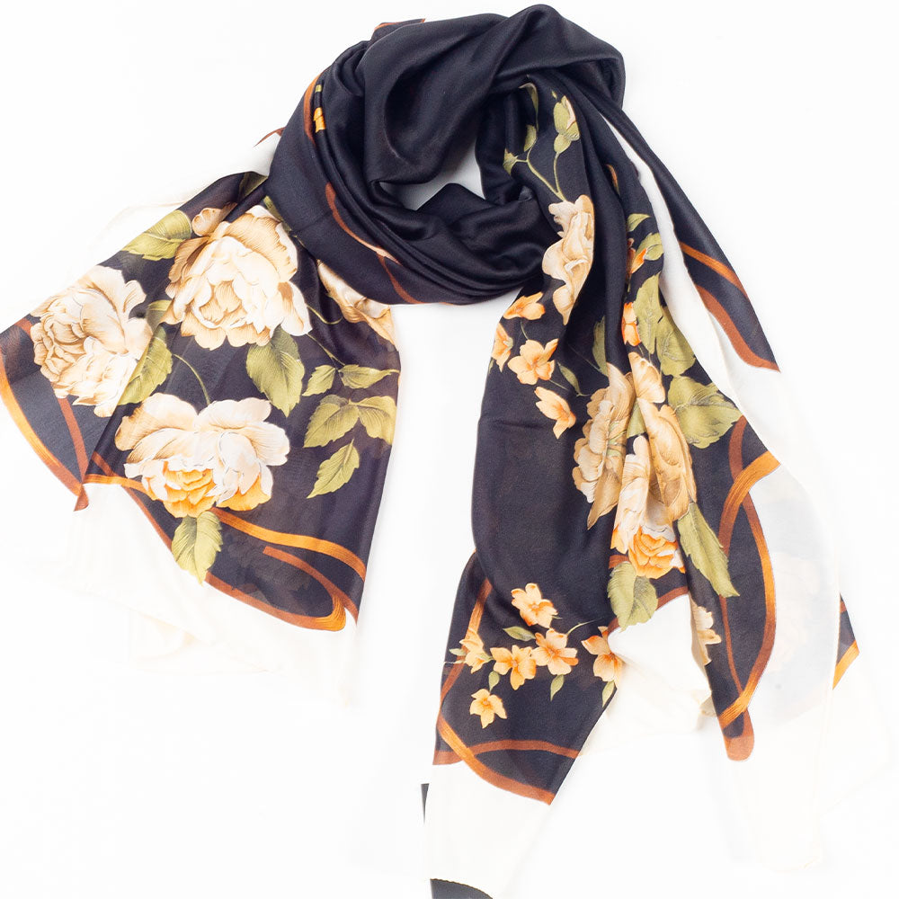 Bufanda lienzo y floración, 85 x 180 cms, negro, 100% seda vegana 4 