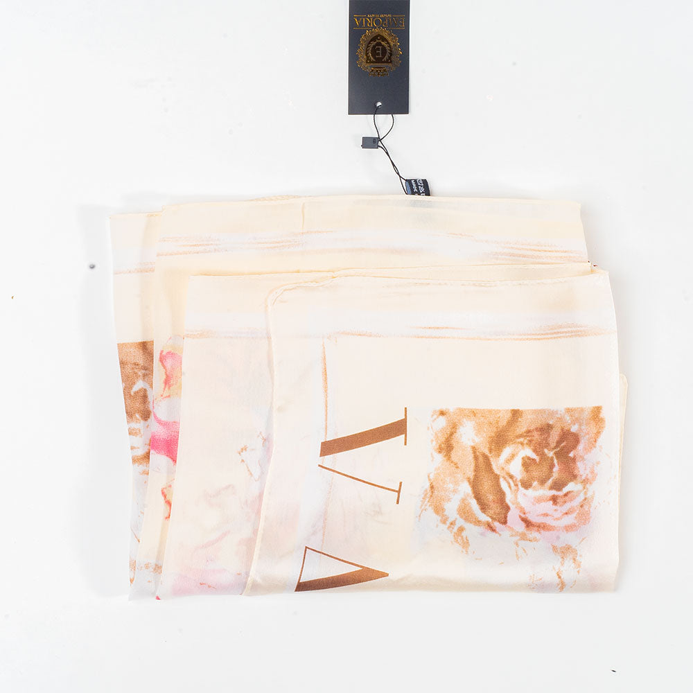 Bufanda floraciones y letras, 85 x 180 cms, blanco, 100% seda vegana 1 