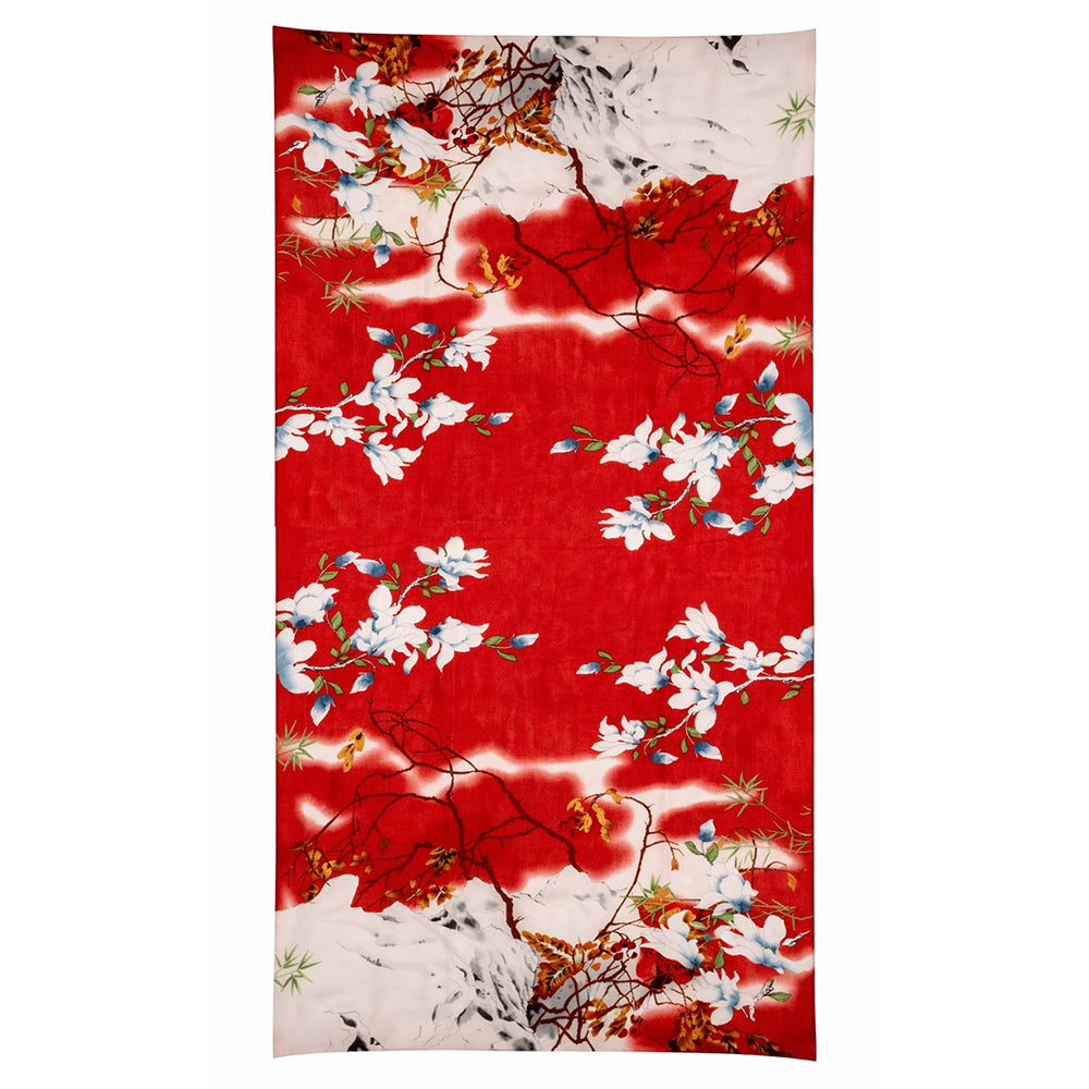 Bufanda estampada inspirada en el Jardín del Edén, roja, 85 × 180 cm, 100 % seda vegana.