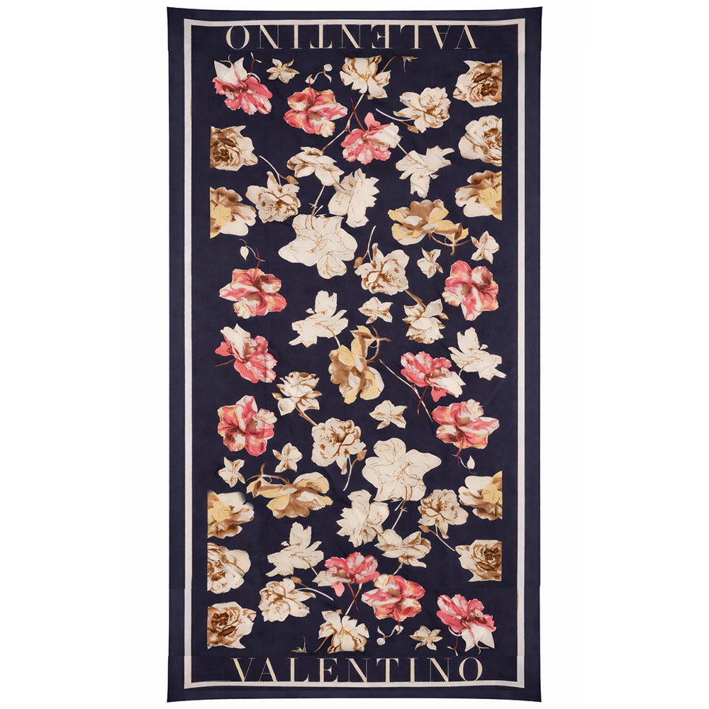 Bufanda con estampado floral y de inscripción, azul, 85 × 180 cm, 100 % seda vegana. 1 