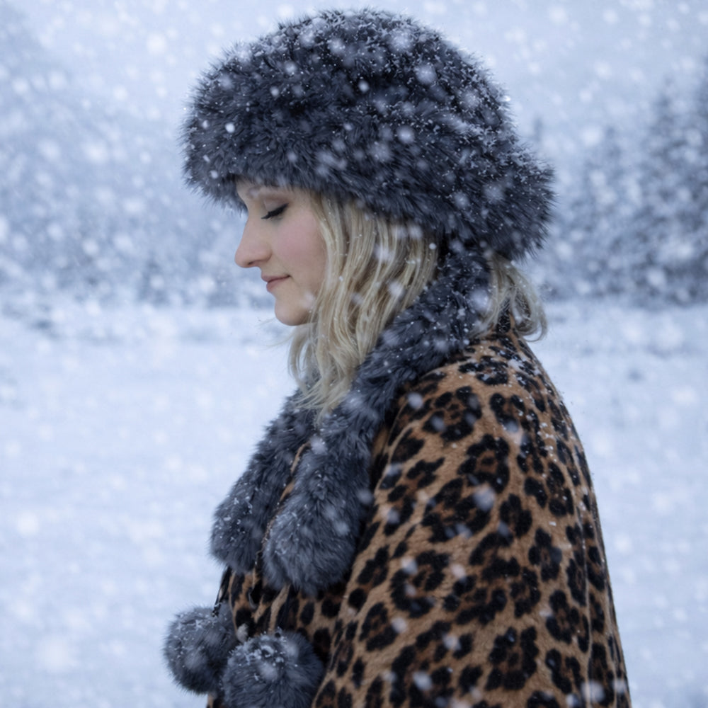 Gorro de invierno de piel sintética plateado con bufanda – talla única