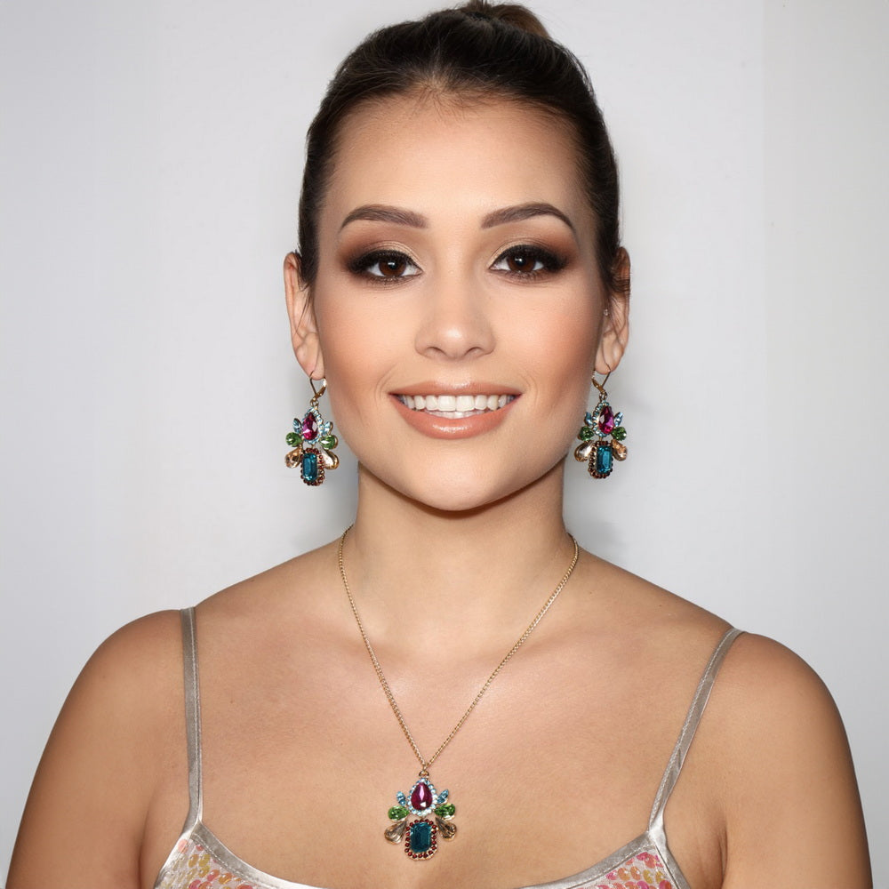 Conjunto de Aleación Bañado en Oro con Cristal Emporia® Rojo y Cristal Emporia® Azul ( Collar +Pendientes +Colgante ) 1 