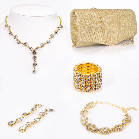 Bolso de Aleación Bañado en Oro con Cristal Emporia® Blanco ( Collar +Pendientes +Pulsera +Anillo )