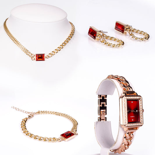 Reloj de Aleación Bañado en Oro con Cristal Emporia® Rojo y Cristal Emporia® Blanco ( Collar +Pendientes +Pulsera )