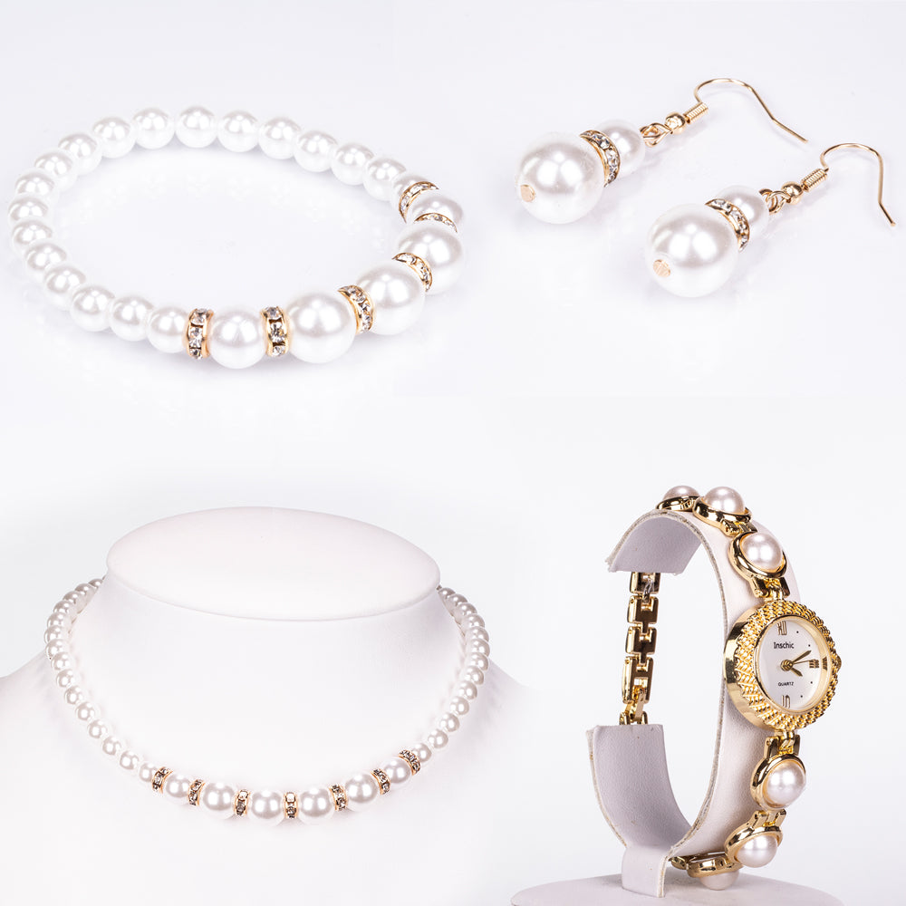 Reloj de Aleación Bañado en Oro con Cristal Emporia® Blanco ( Collar +Pendientes +Pulsera )