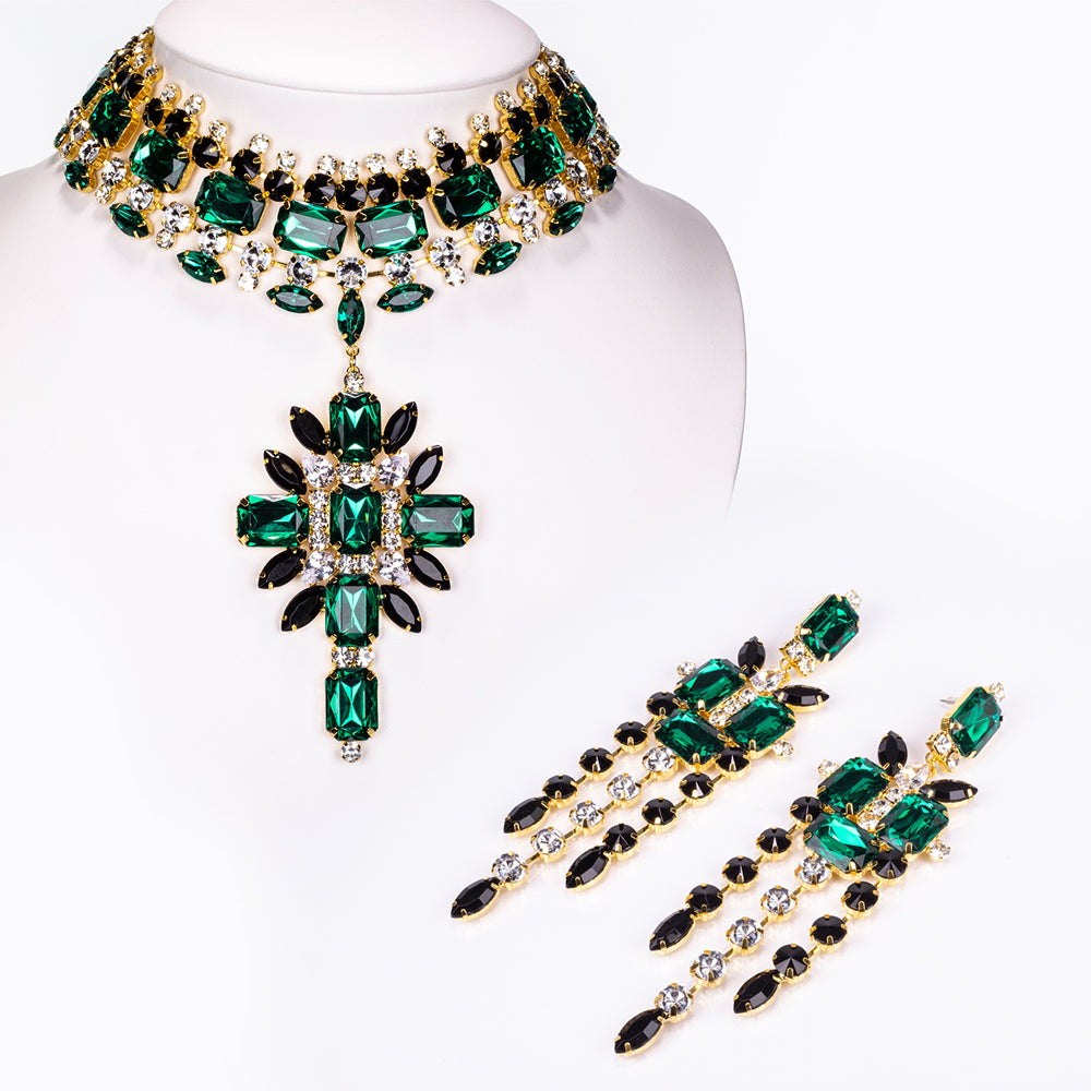 Conjunto de Aleación Bañado en Oro con Cristal Emporia® Verde y Cristal Emporia® Blanco ( Collar +Pendientes ) 1 