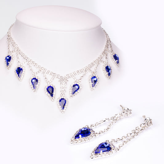 Conjunto de Aleación Bañado en Oro con Cristal Emporia® Azul y Cristal Emporia® Blanco ( Collar +Pendientes )