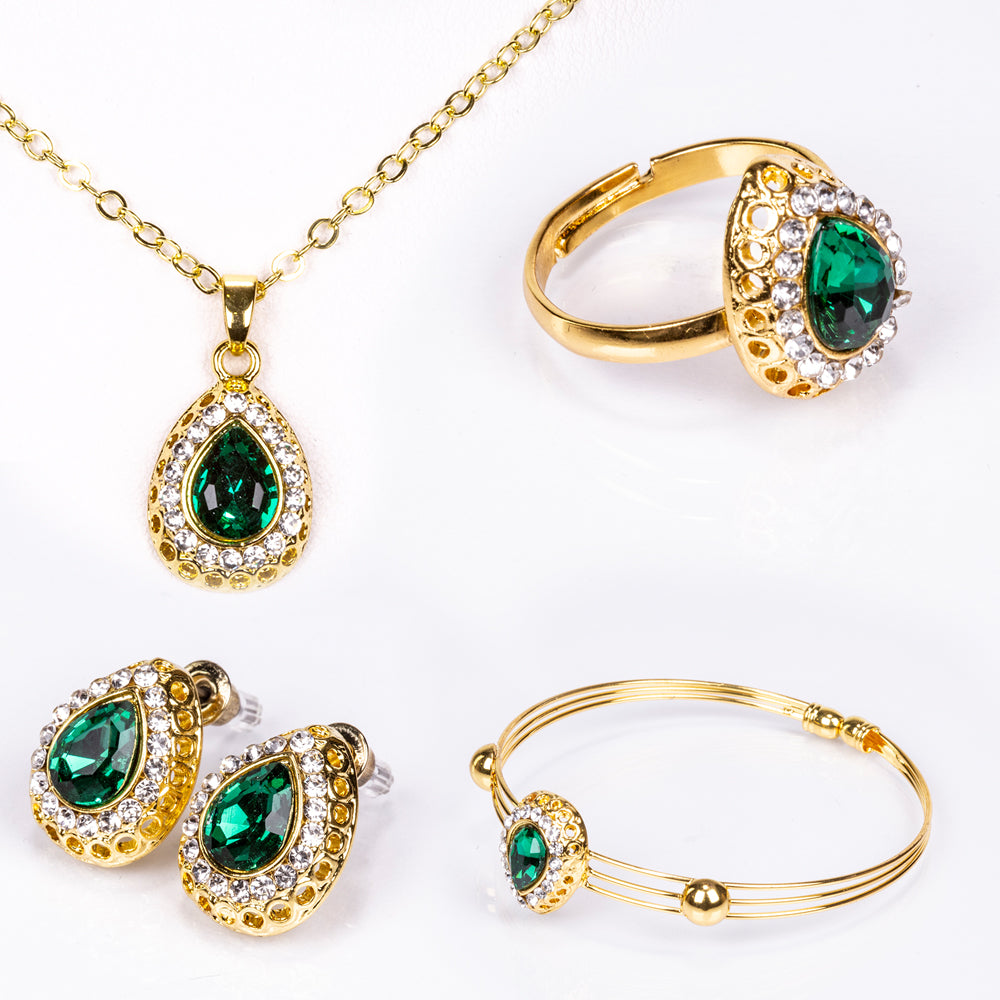 Conjunto de Aleación Bañado en Oro con Cristal Emporia® Verde y Cristal Emporia® Blanco ( Collar +Pendientes +Pulsera +Anillo +Colgante ) 1 