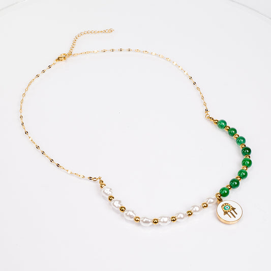 Conjunto de Aleación Bañado en Oro con Ágata Verde ( Collar +Pendientes +Pulsera )