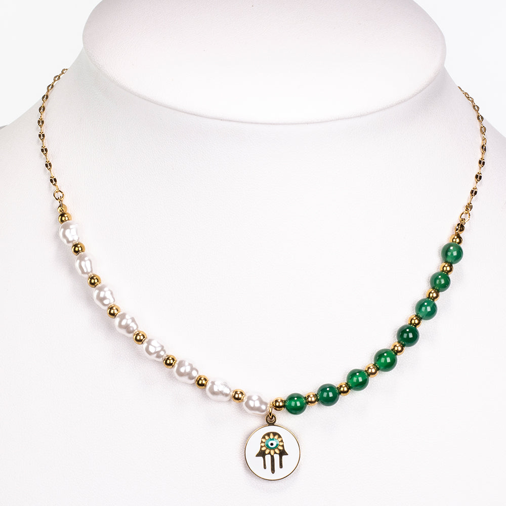 Conjunto de Aleación Bañado en Oro con Ágata Verde ( Collar +Pendientes +Pulsera )