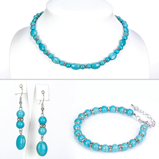 Conjunto de Aleación Bañado en Oro con Turquesa ( Collar +Pendientes +Pulsera )