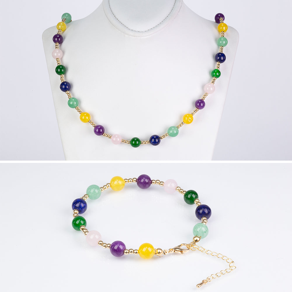 Conjunto de Aleación Bañado en Oro con Amatista de Brasil y Cuarzo Rosado ( Collar +Pulsera ) 1 