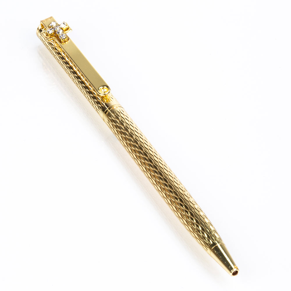 Bolígrafo en tono oro amarillo decorado con 6 piezas de cristal blanco Emporia, con tinta negra