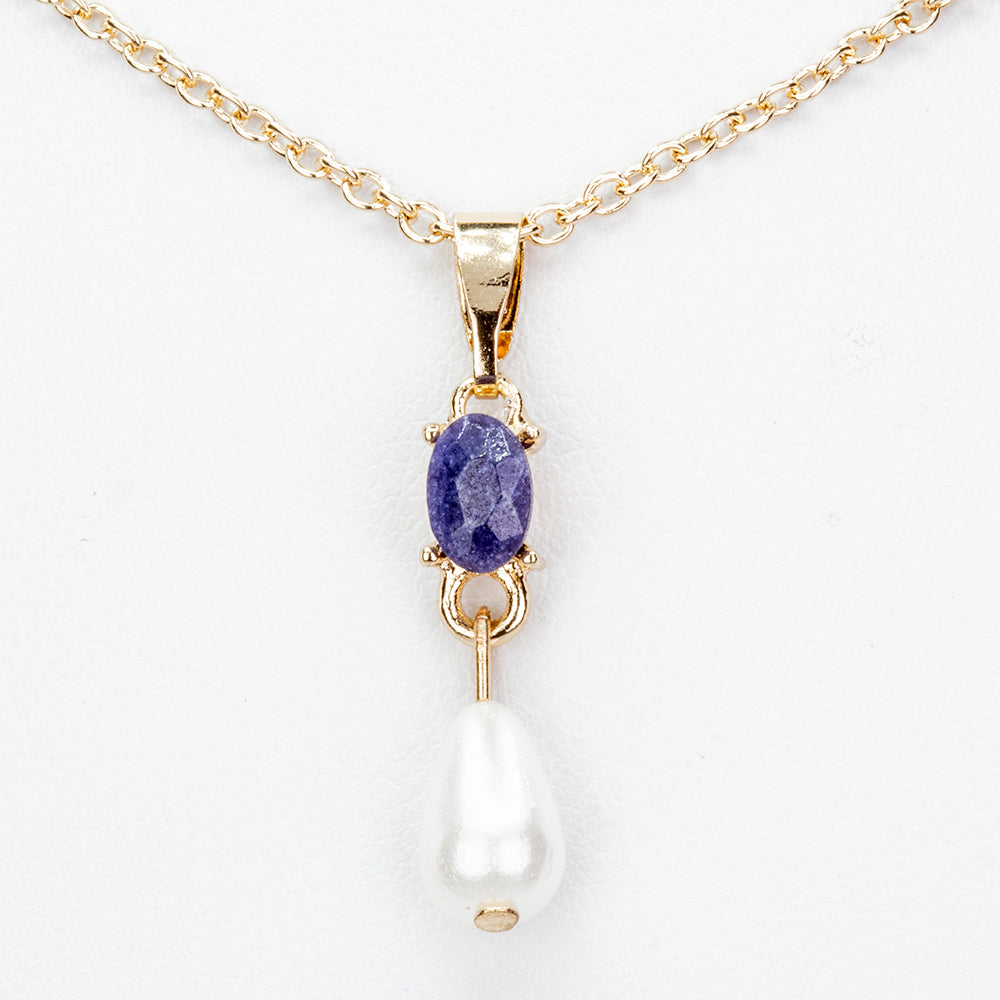 Conjunto de Aleación Bañado en Oro con Zafiro y Perla de cristal ( Collar +Pendientes +Colgante ) 3 