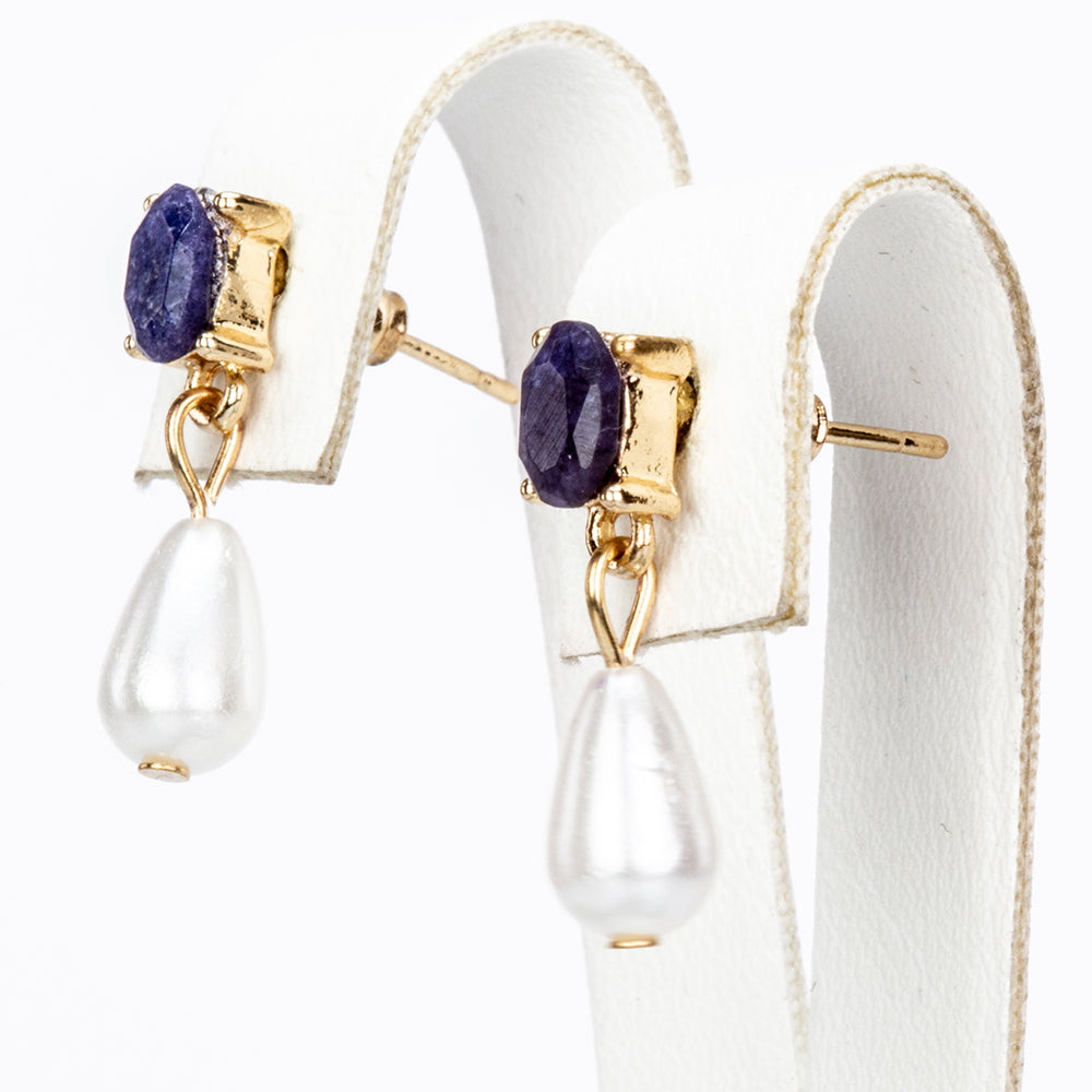 Conjunto de Aleación Bañado en Oro con Zafiro y Perla de cristal ( Collar +Pendientes +Colgante ) 4 