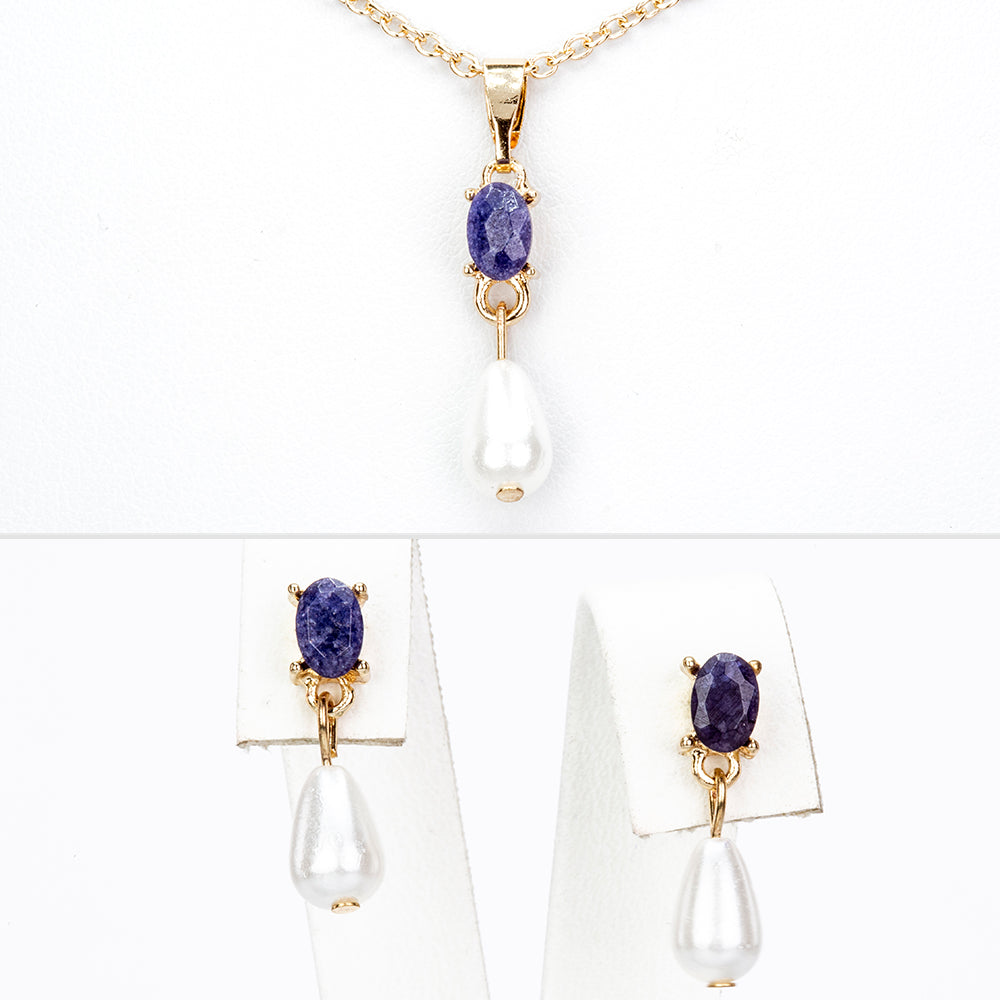 Conjunto de Aleación Bañado en Oro con Zafiro y Perla de cristal ( Collar +Pendientes +Colgante ) 2 