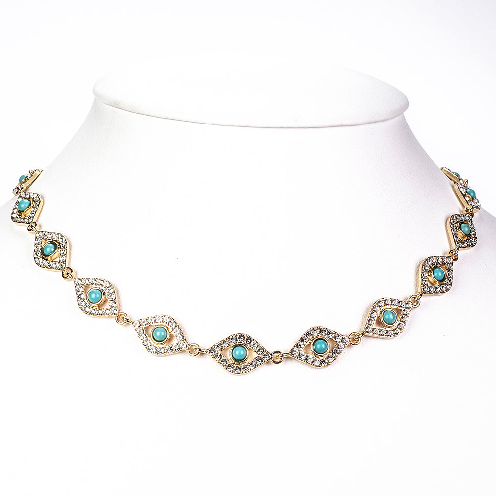 Conjunto de Aleación Bañado en Oro con Turquesa y Cristal Emporia® Blanco ( Collar +Pulsera )