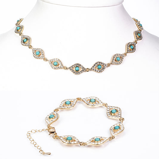 Conjunto de Aleación Bañado en Oro con Turquesa y Cristal Emporia® Blanco ( Collar +Pulsera )