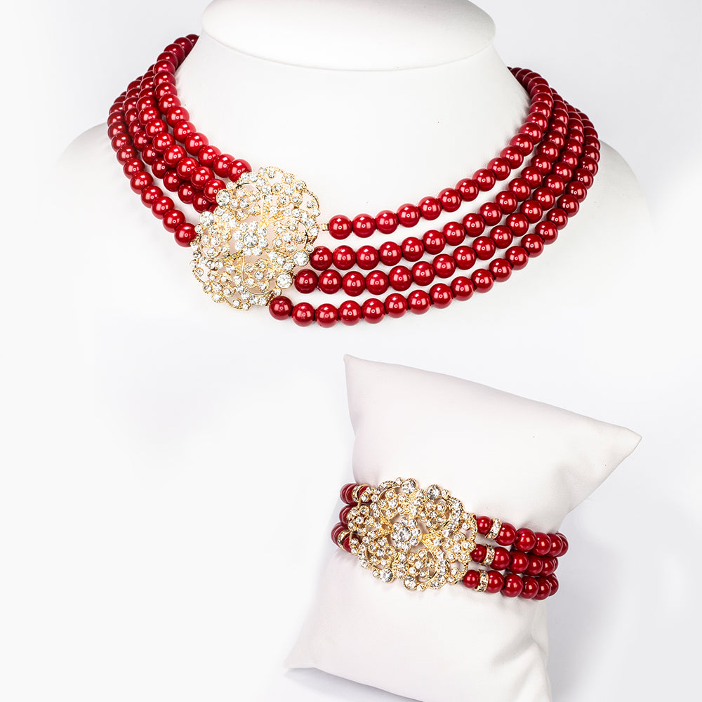 Conjunto de Aleación Bañado en Oro con Perla de cristal rojo y Cristal Emporia® Blanco ( Collar +Pulsera ) 1 