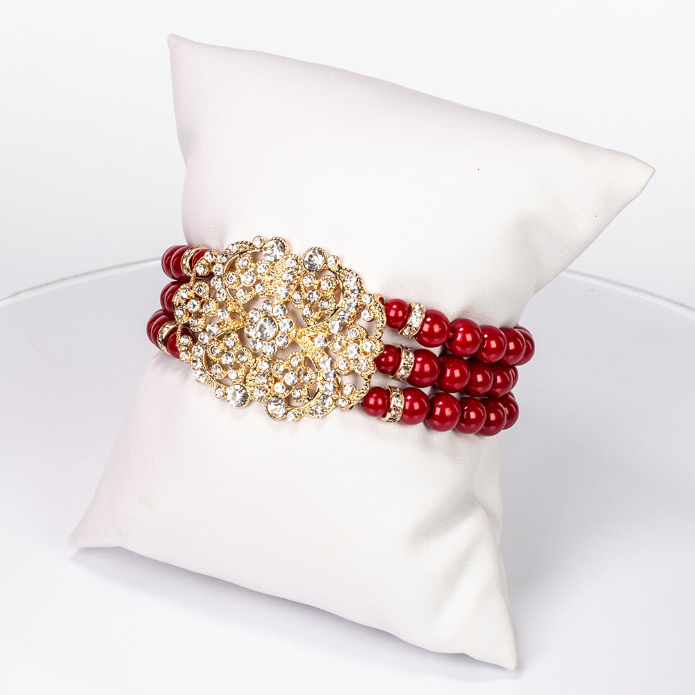 Conjunto de Aleación Bañado en Oro con Perla de cristal rojo y Cristal Emporia® Blanco ( Collar +Pulsera ) 2 