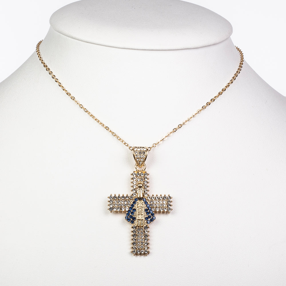 Cruz Collar de Aleación Bañado en Oro con Cristal Emporia® Azul y Cristal Emporia® Blanco 2 