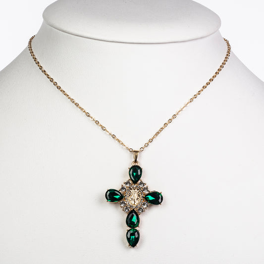 Cruz Collar de Aleación Bañado en Oro con Cristal Emporia® Verde y Cristal Emporia® Blanco