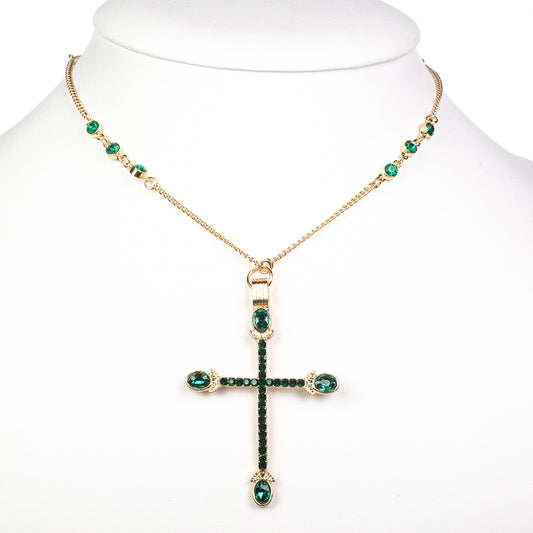 Cruz Collar de Aleación Bañado en Oro con Cristal Emporia® Verde ( Collar +Colgante )