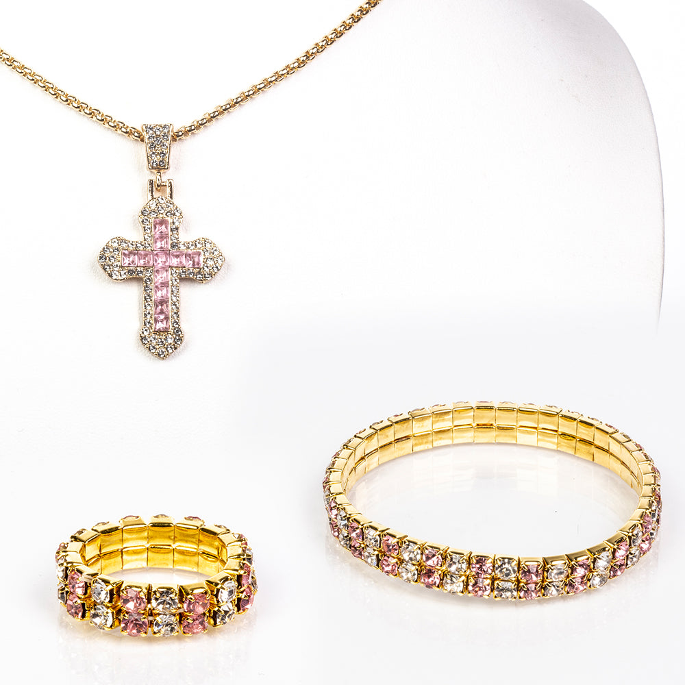 Cruz Conjunto de Aleación Bañado en Oro con Cristal Emporia® Rosa y Cristal Emporia® Blanco ( Collar +Pulsera +Anillo +Colgante ) 1 