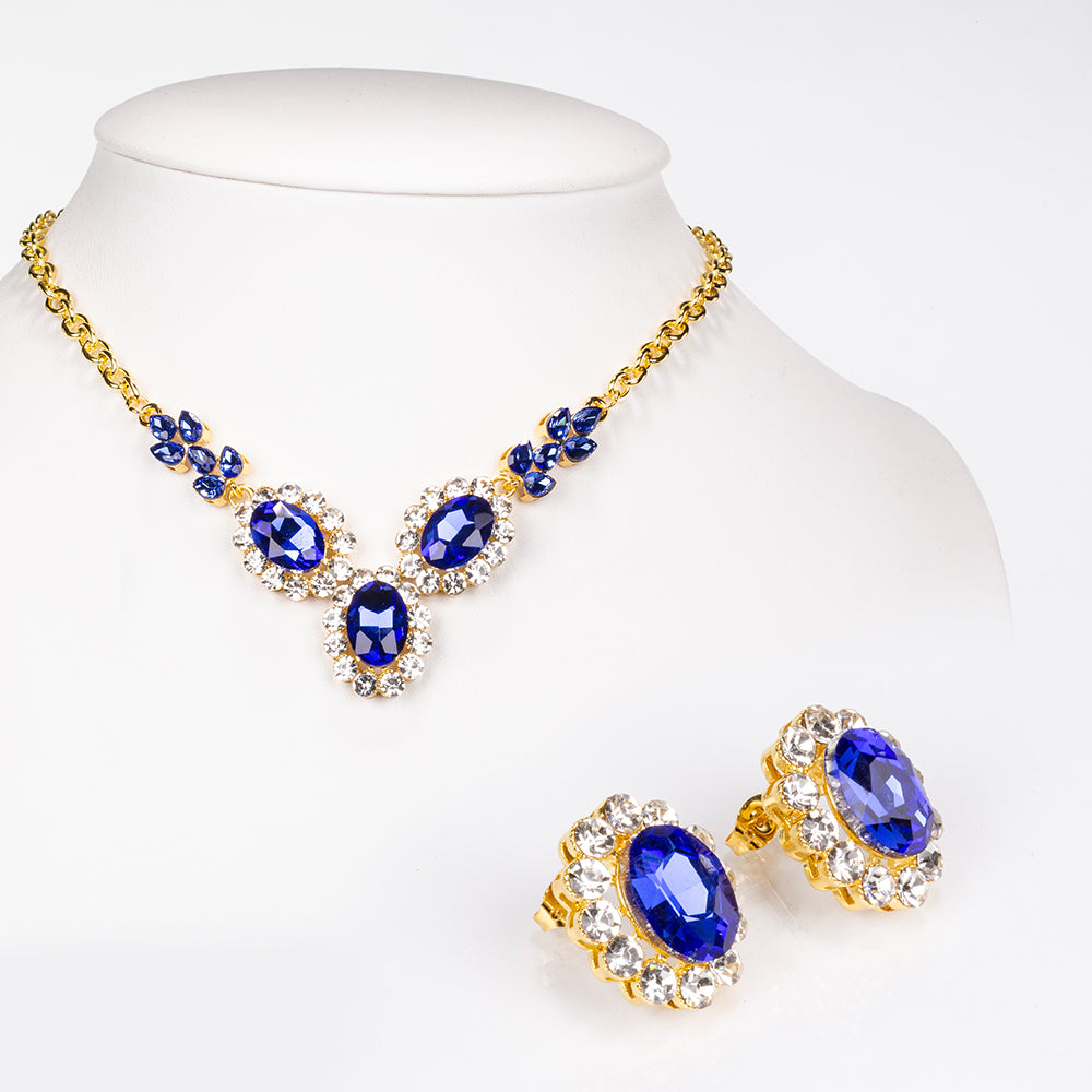 Conjunto de Aleación Bañado en Oro con Cristal Emporia® Azul y Cristal Emporia® Blanco ( Collar +Pendientes )