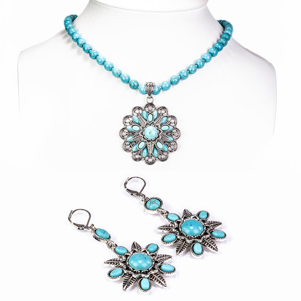 Conjunto de Aleación Bañado en Oro con Turquesa ( Collar +Pendientes ) 1 