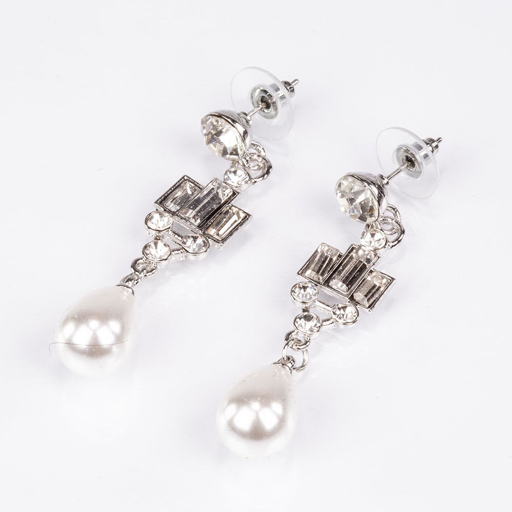 Conjunto de Aleación Bañado en Oro con Perla de cristal y Cristal Emporia® Blanco ( Collar +Pendientes ) 2 