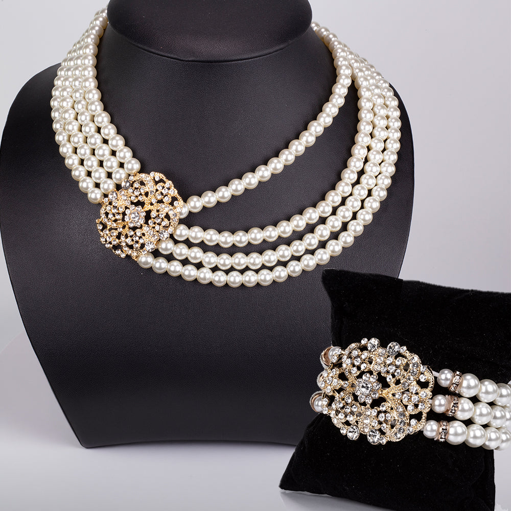 Conjunto de Aleación Bañado en Oro con Perla de cristal y Cristal Emporia® Blanco ( Collar +Pulsera )