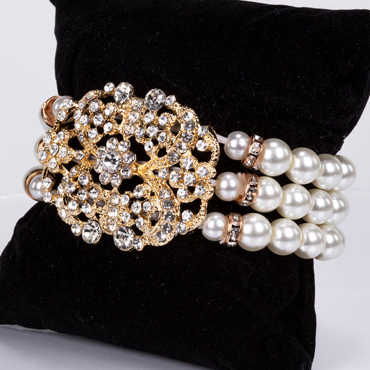 Conjunto de Aleación Bañado en Oro con Perla de cristal y Cristal Emporia® Blanco ( Collar +Pulsera )