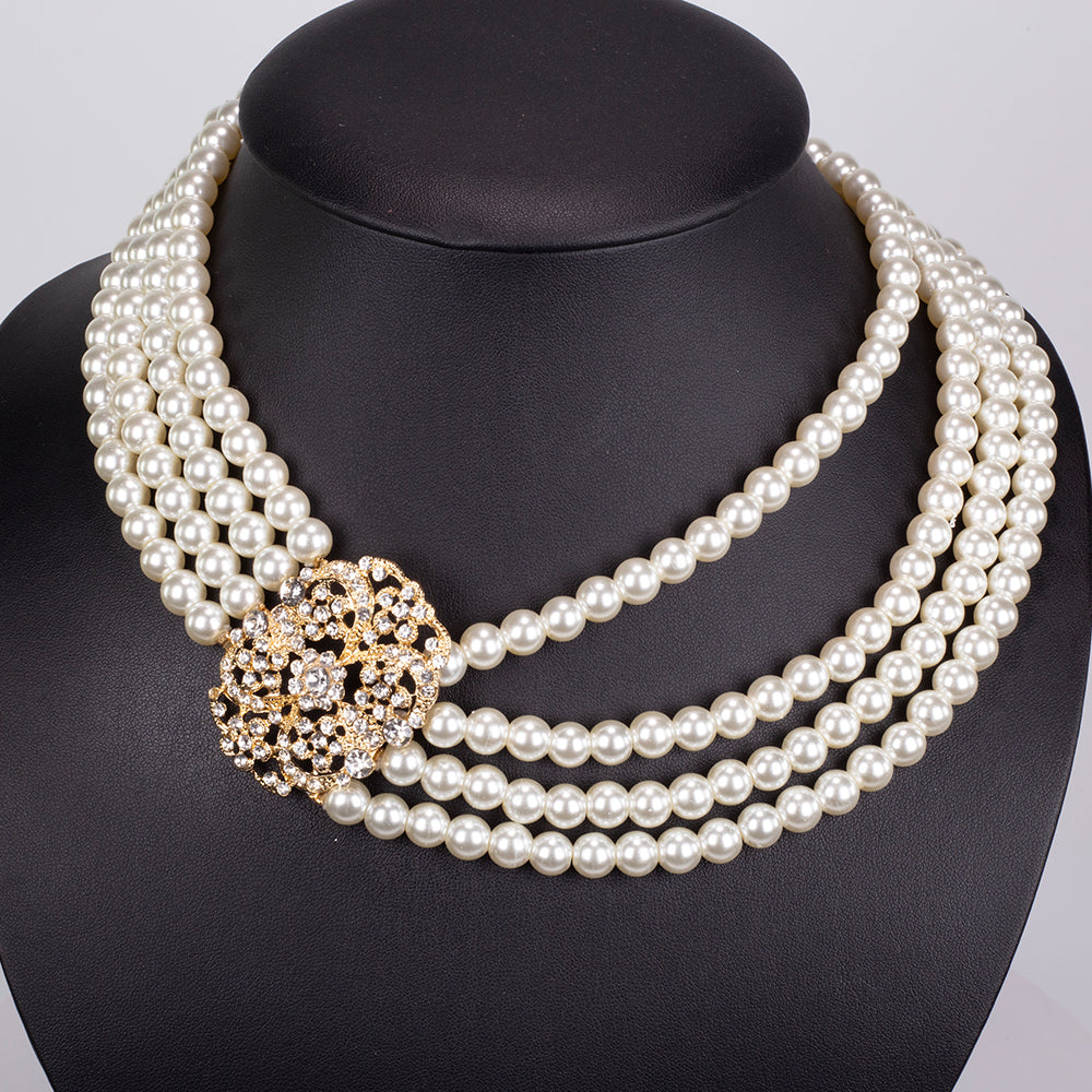 Conjunto de Aleación Bañado en Oro con Perla de cristal y Cristal Emporia® Blanco ( Collar +Pulsera )