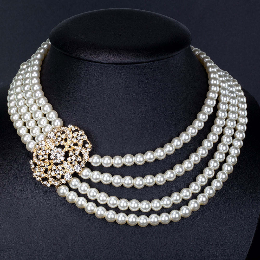 Conjunto de Aleación Bañado en Oro con Perla de cristal y Cristal Emporia® Blanco ( Collar +Pulsera ) 7 