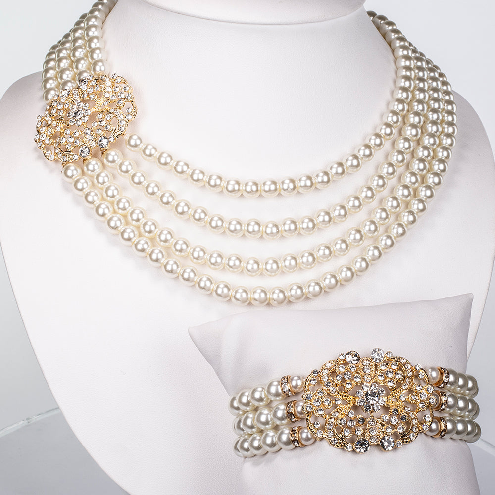 Conjunto de Aleación Bañado en Oro con Perla de cristal y Cristal Emporia® Blanco ( Collar +Pulsera ) 8 